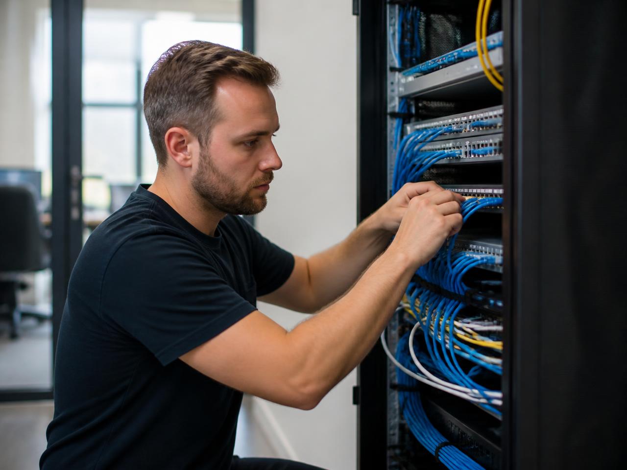 Técnico de Vuldrax IT instalando el cableado de red en el rack de una empresa de Granada